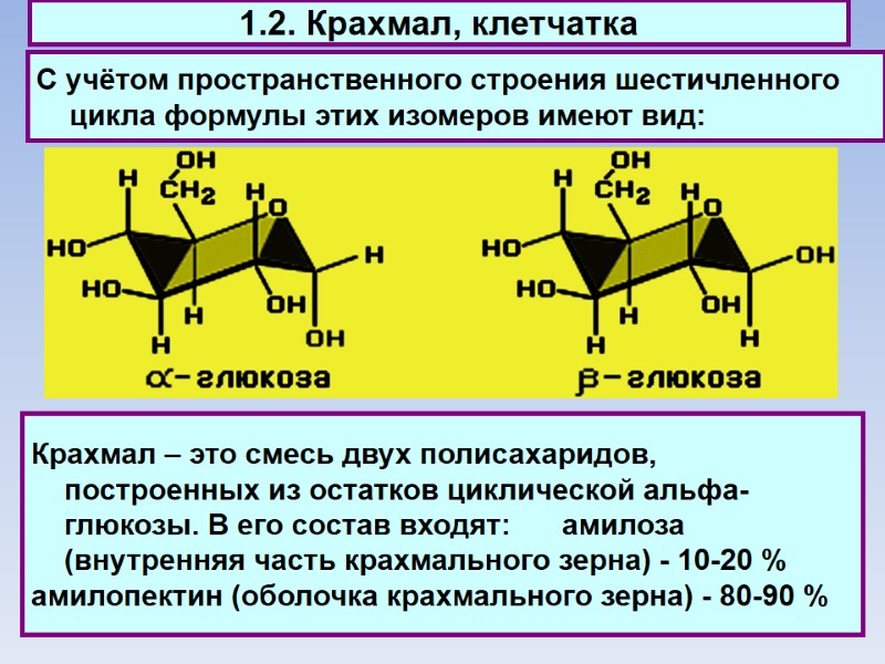 1.2. Крахмал, клетчатка С учётом пространственного строения шестичленного цикла формулы этих изомеров имеют вид: